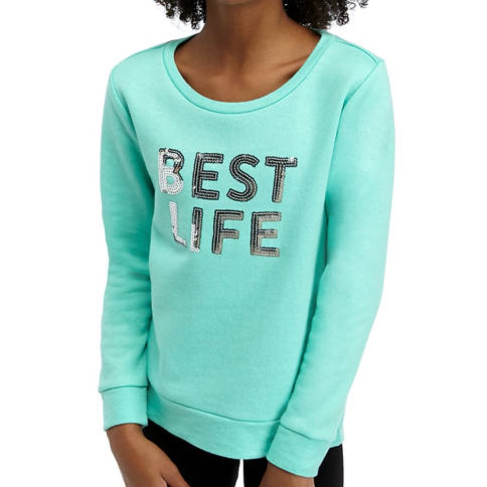 ZELOS Girls Fleece Sequin Pullover in Best Life